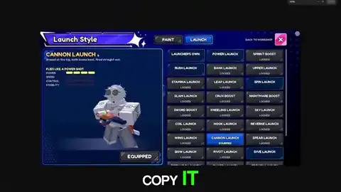 Cannon and power launch styles on the equipped combo
